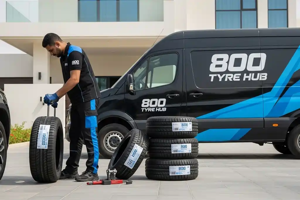 Technician performing tyre replacement at home parking location