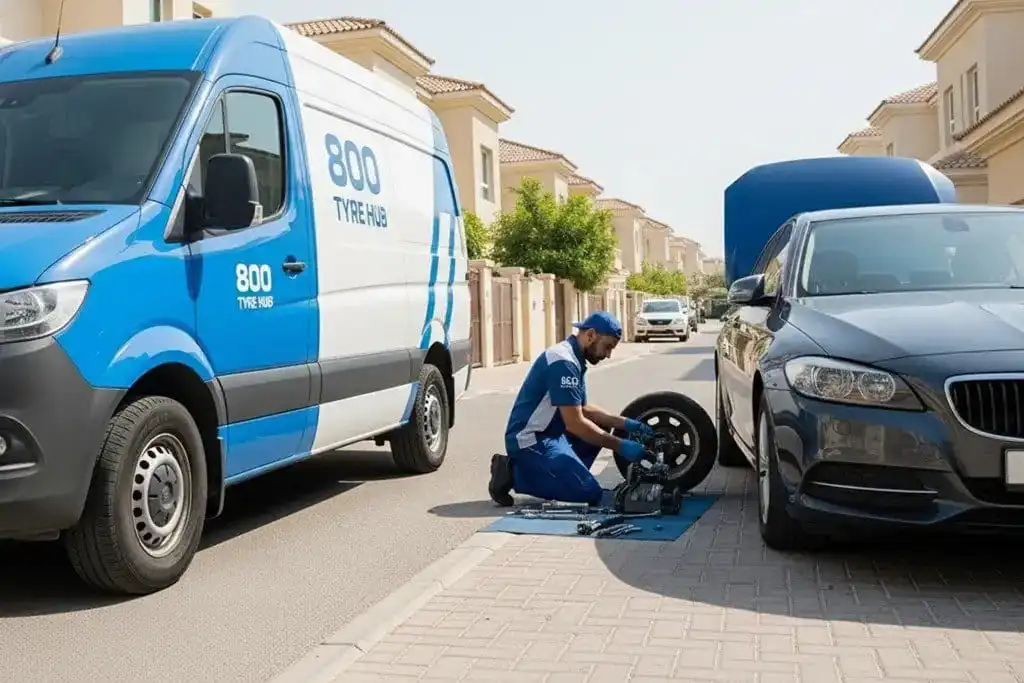 Technician performing at-home flat tyre repair service in Sharjah