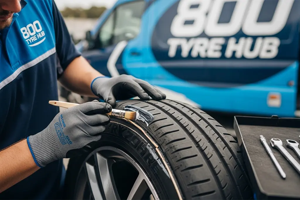 Tyre repair technician repairing the bead area of a tyre at the customer’s location in Abu Dhabi