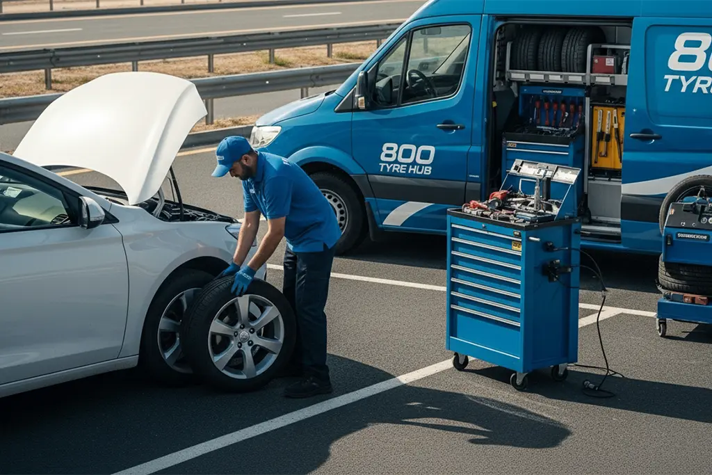 Emergency tyre repair technician handling a sudden tyre blowout during an urgent roadside breakdown