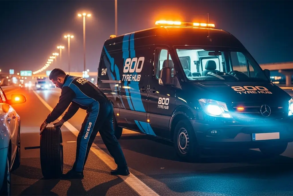 Technician performing emergency tyre replacement for a stranded vehicle