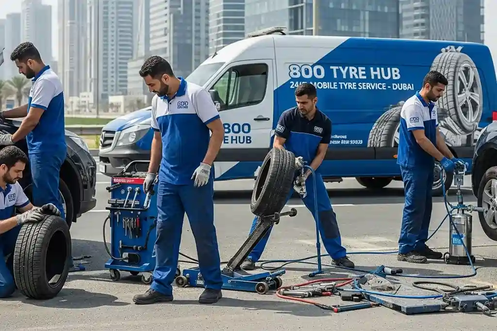 Technician providing other related tyre and roadside services in Dubai alongside tyre puncture repair