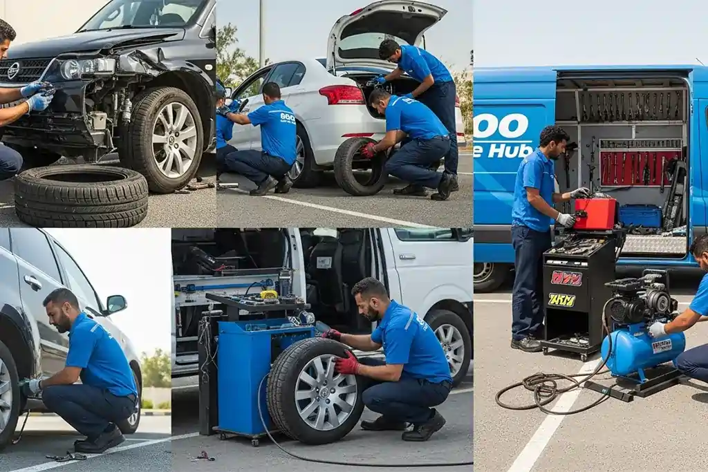 Technician providing additional tyre services alongside emergency tyre puncture repair