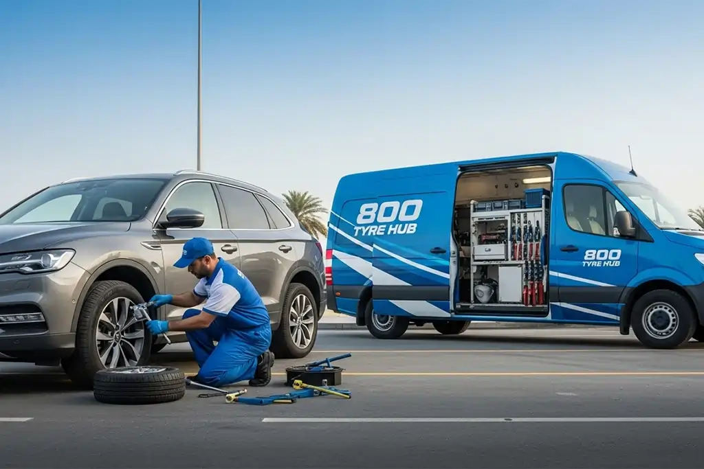 Technician repairing a tyre puncture in Sharjah using an internal patch repair method