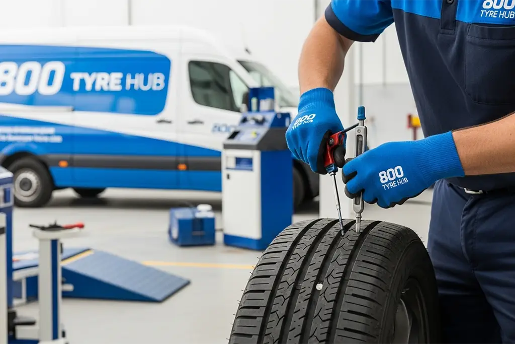 Roadside tyre repair technician fixing a tread area puncture on a car tyre at the breakdown location