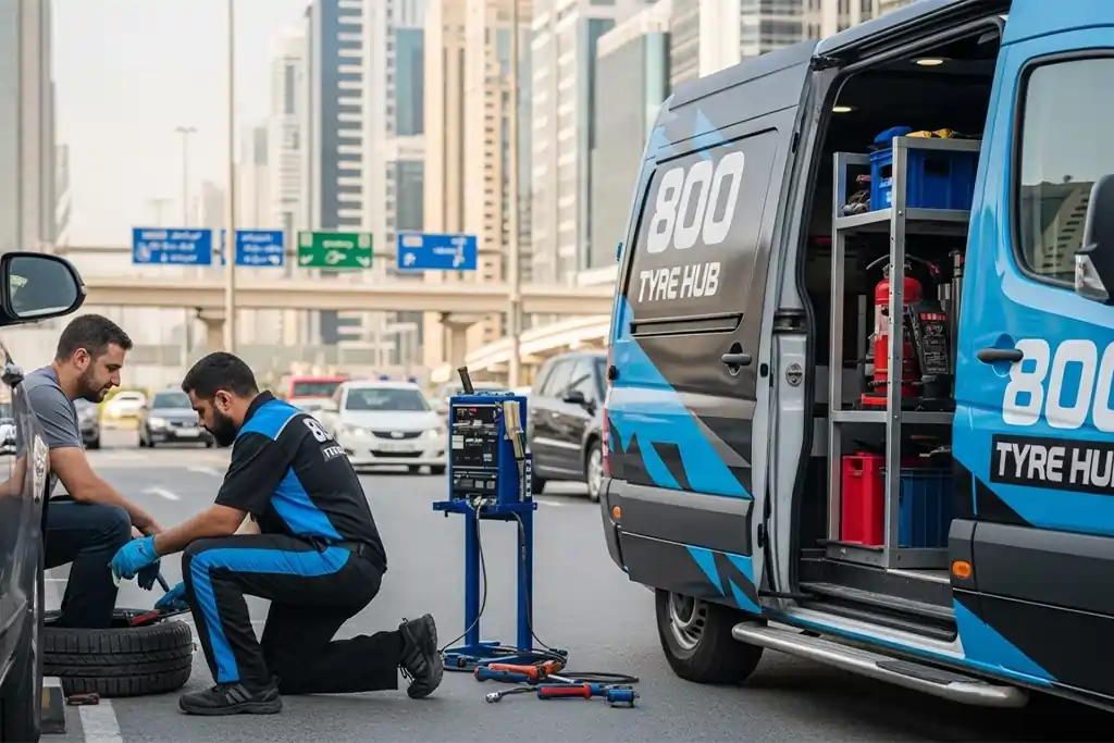 Technician performing roadside tyre replacement for a stopped vehicle