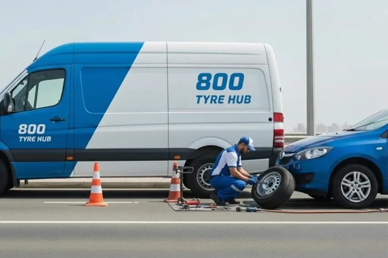 Technician performing roadside flat tyre repair service in Sharjah