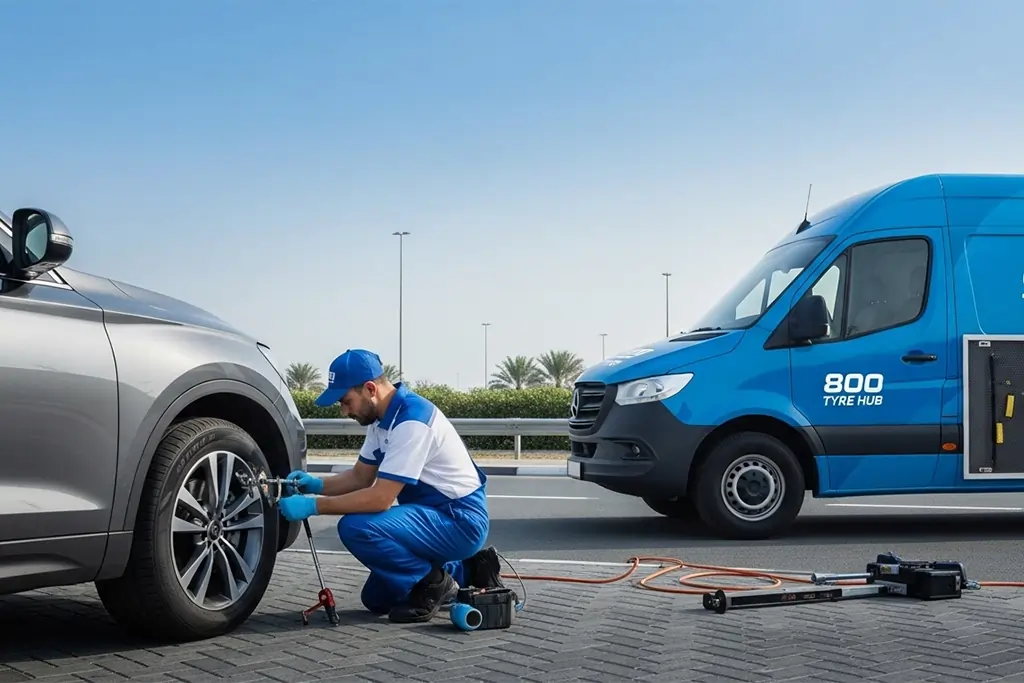 Technician performing emergency roadside tyre replacement for a stopped vehicle