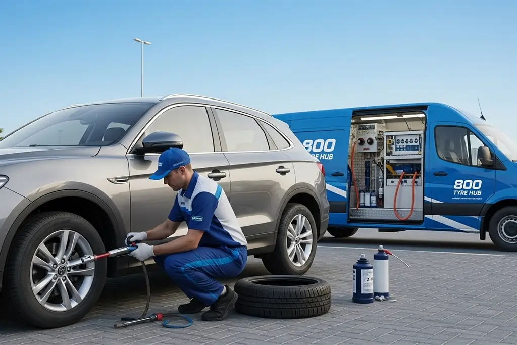 Technician detecting and repairing a slow air leak in a flat tyre in Ajman