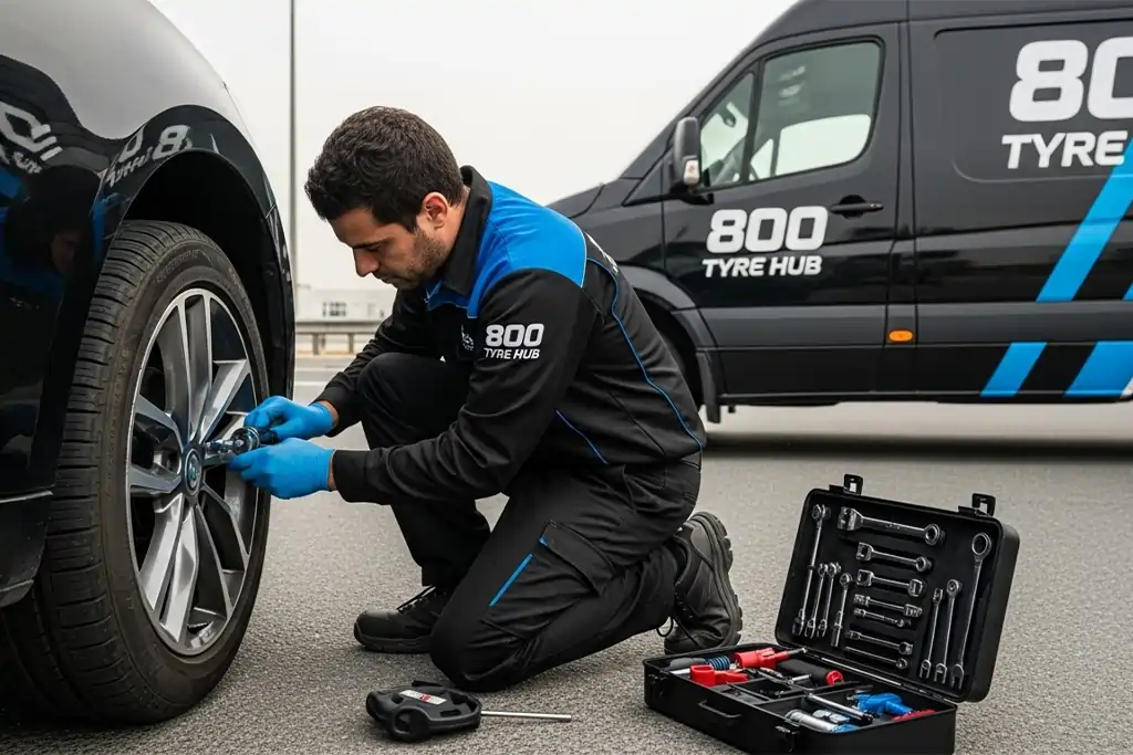 Technician repairing a punctured car tyre on-site during 24/7 mobile puncture repair service across locations