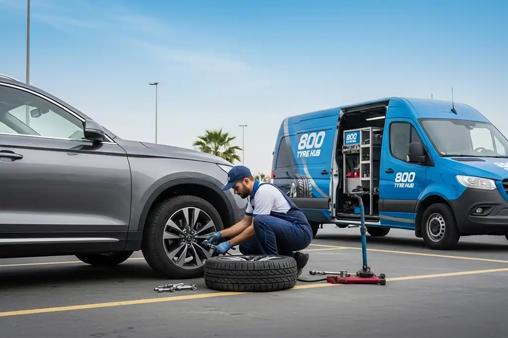 Technician repairing a punctured car tyre on-site in Sharjah using mobile puncture repair service