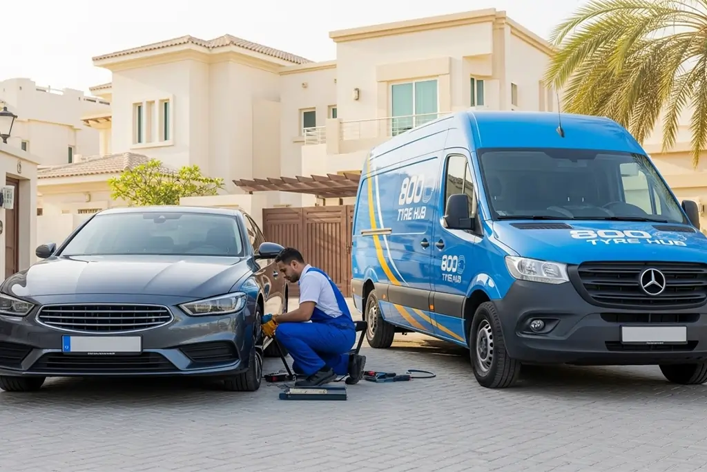 Technician repairing a punctured car tyre at home in Sharjah during at-home tyre puncture repair service
