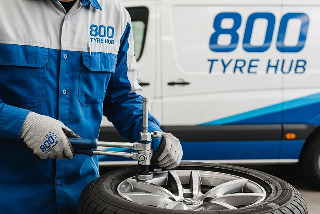 Emergency tyre repair technician sealing a bead leak on a car tyre during roadside assistance