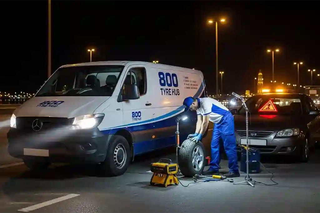 Technician urgently repairing a punctured car tyre in Sharjah during emergency tyre puncture repair service