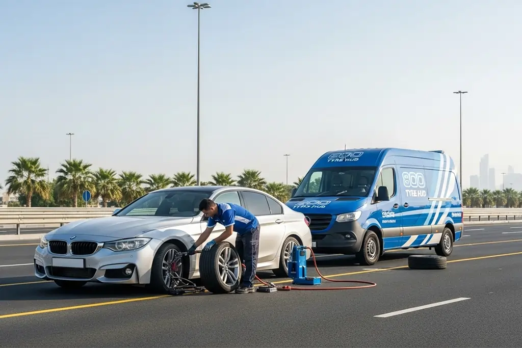Technician providing emergency tyre repair service in the UAE for a stranded vehicle