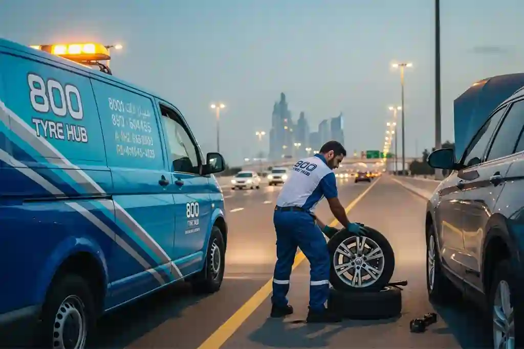 Technician providing 24-hour emergency tyre replacement for a stranded vehicle