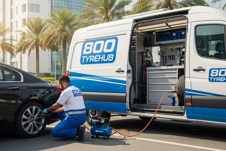 Technician repairing a punctured car tyre using a mobile puncture repair service on-site
