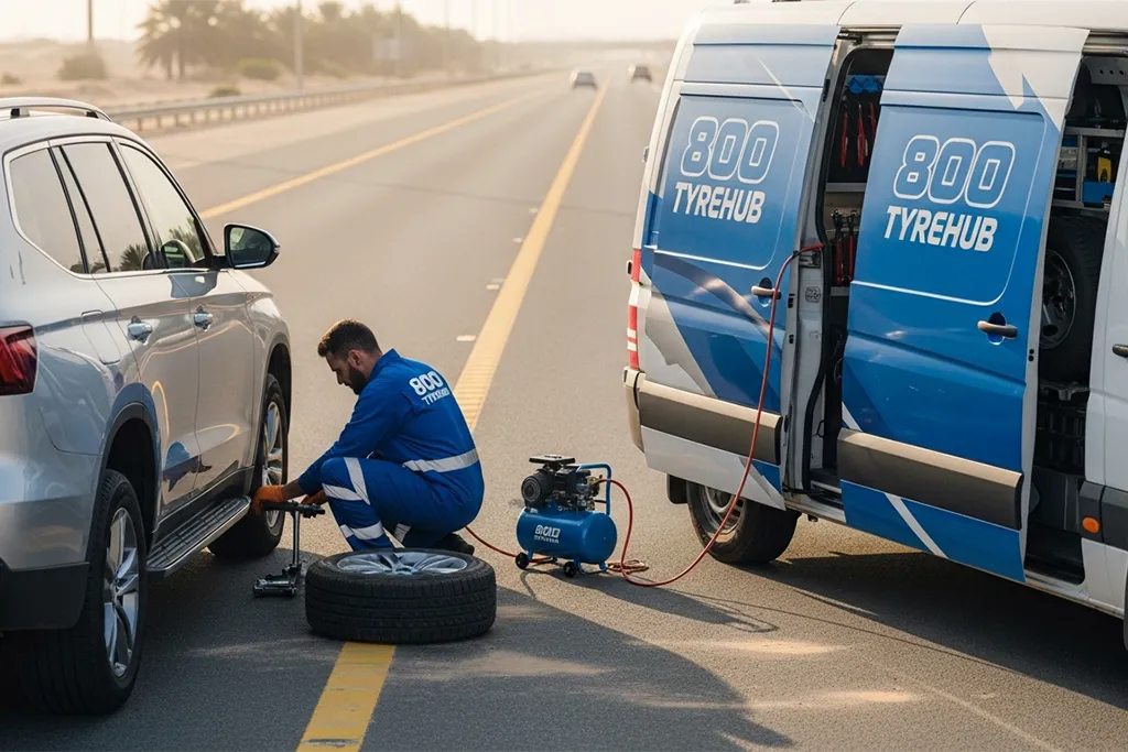 Technician repairing a punctured car tyre on the roadside during roadside tyre puncture repair service across locations