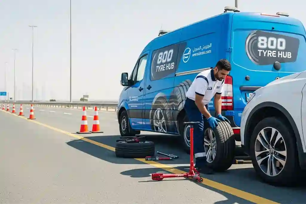 Technician providing 24-hour roadside tyre replacement for a stopped vehicle